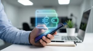 Main tient un smartphone avec portefeuille num&eacute;rique en euro affich&eacute;.