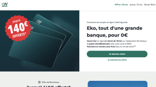 Capture du site Cr�dit Agricole pr�sentant l'offre jusqu'� 140? offerts.