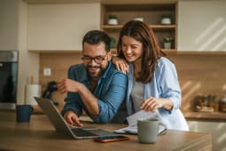Couple planifiant les finances domestiques et g&eacute;rant le budget dans la cuisine