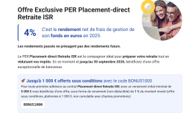 Offre PER retraite ISR, rendement 4%, bonus jusqu'&agrave; 1000?.
