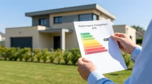 Personne tenant un diagnostic &eacute;nerg&eacute;tique devant une maison moderne.