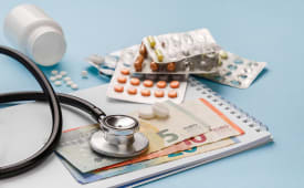 Des billets de banque et un st&Atilde;thoscope et des m&eacute;dicaments.