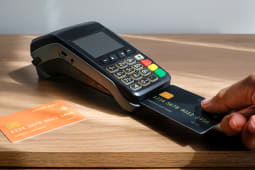 Main ins&Atilde;rant une carte de cr&eacute;dit dans un terminal &eacute;lectronique EDC sur un bureau en bois. Parfait pour le marketing fintech, les solutions de paiement, le commerce &eacute;lectronique, le contenu financier d'entreprise, la transaction de vente au d&eacute;tail moderne, sans esp&egrave;ces