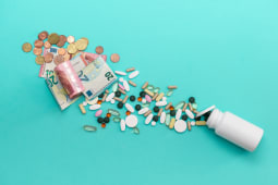 Pilules dispers&eacute;es et billets en euros.