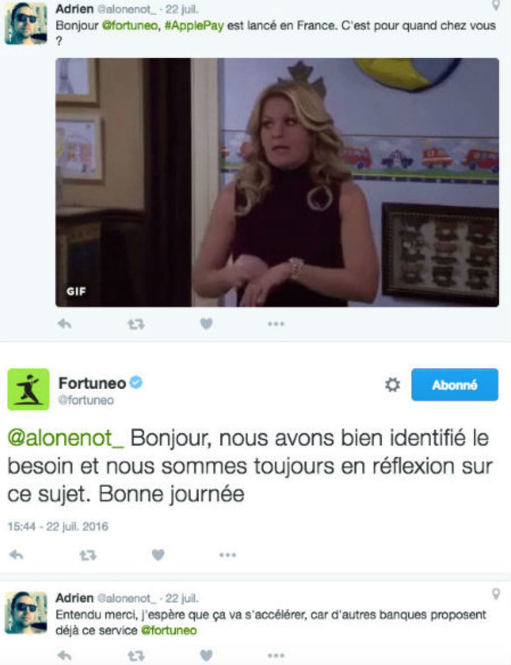 Copie d'&eacute;cran d'un tweet d'un client Fortuneo concernant ApplePay