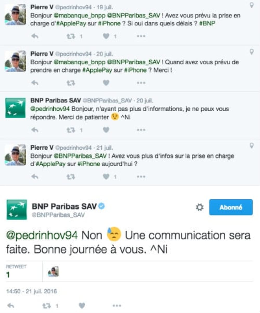 Copie d'&eacute;cran d'un tweet d'un client BNP Paribas concernant ApplePay
