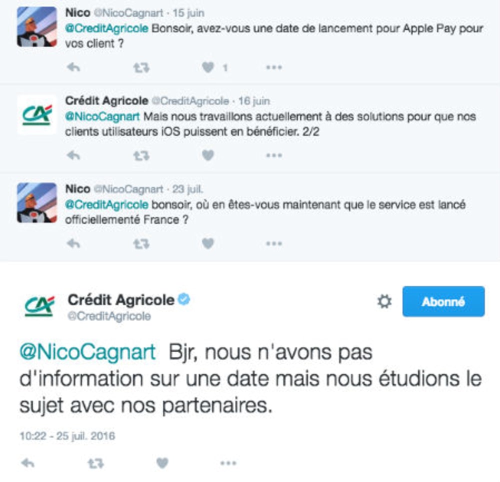 Copie d'&eacute;cran d'un tweet d'un client Cr&eacute;dit Agricole concernant ApplePay