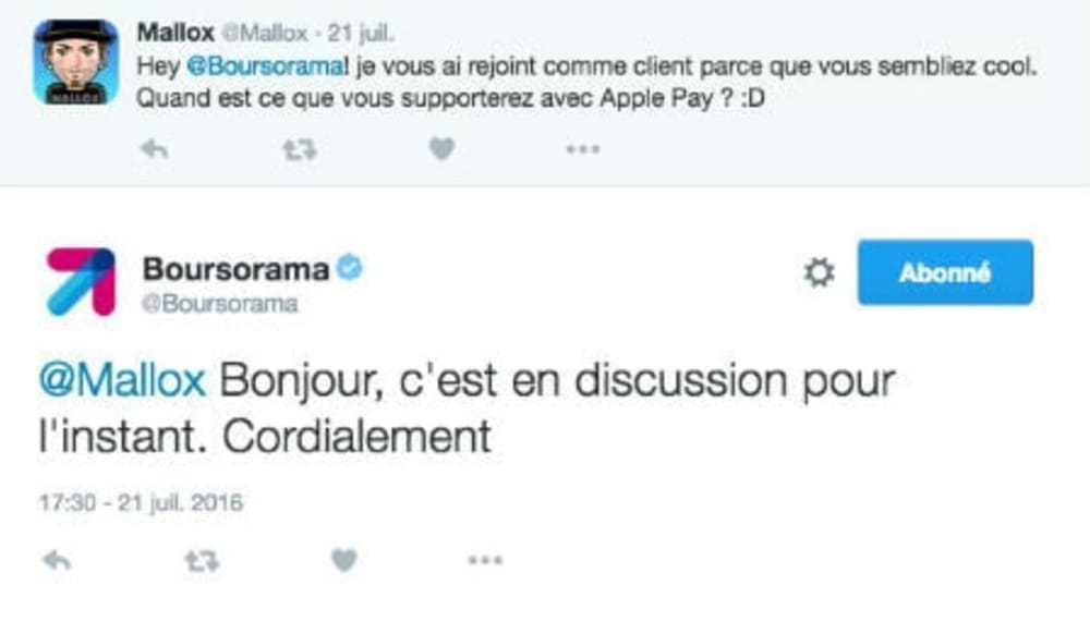 Copie d'&eacute;cran d'un tweet d'un client Boursorama concernant ApplePay
