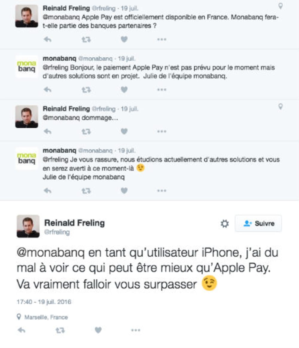 Copie d'&eacute;cran d'un tweet d'un client Monabanq concernant ApplePay