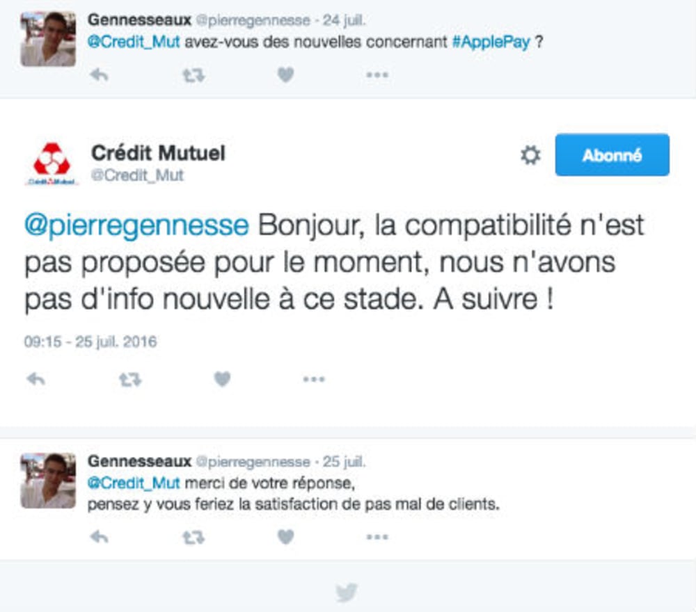 Copie d'&eacute;cran d'un tweet d'un client Cr&eacute;dit Mutuel concernant ApplePay
