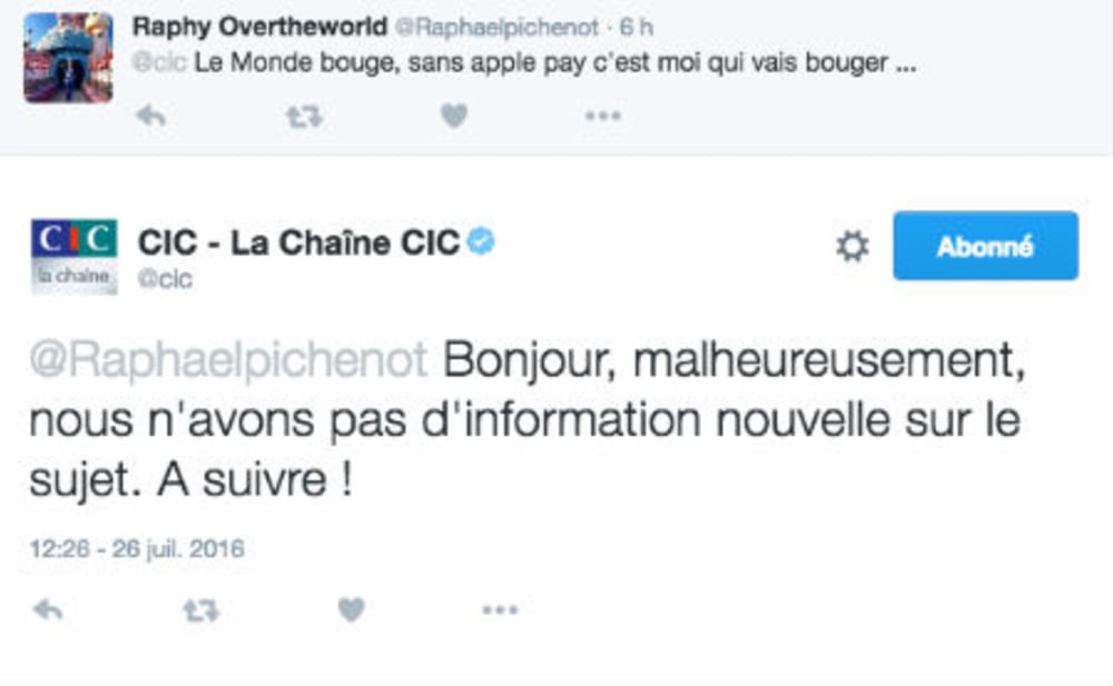 Copie d'&eacute;cran d'un tweet d'un client CIC concernant ApplePay
