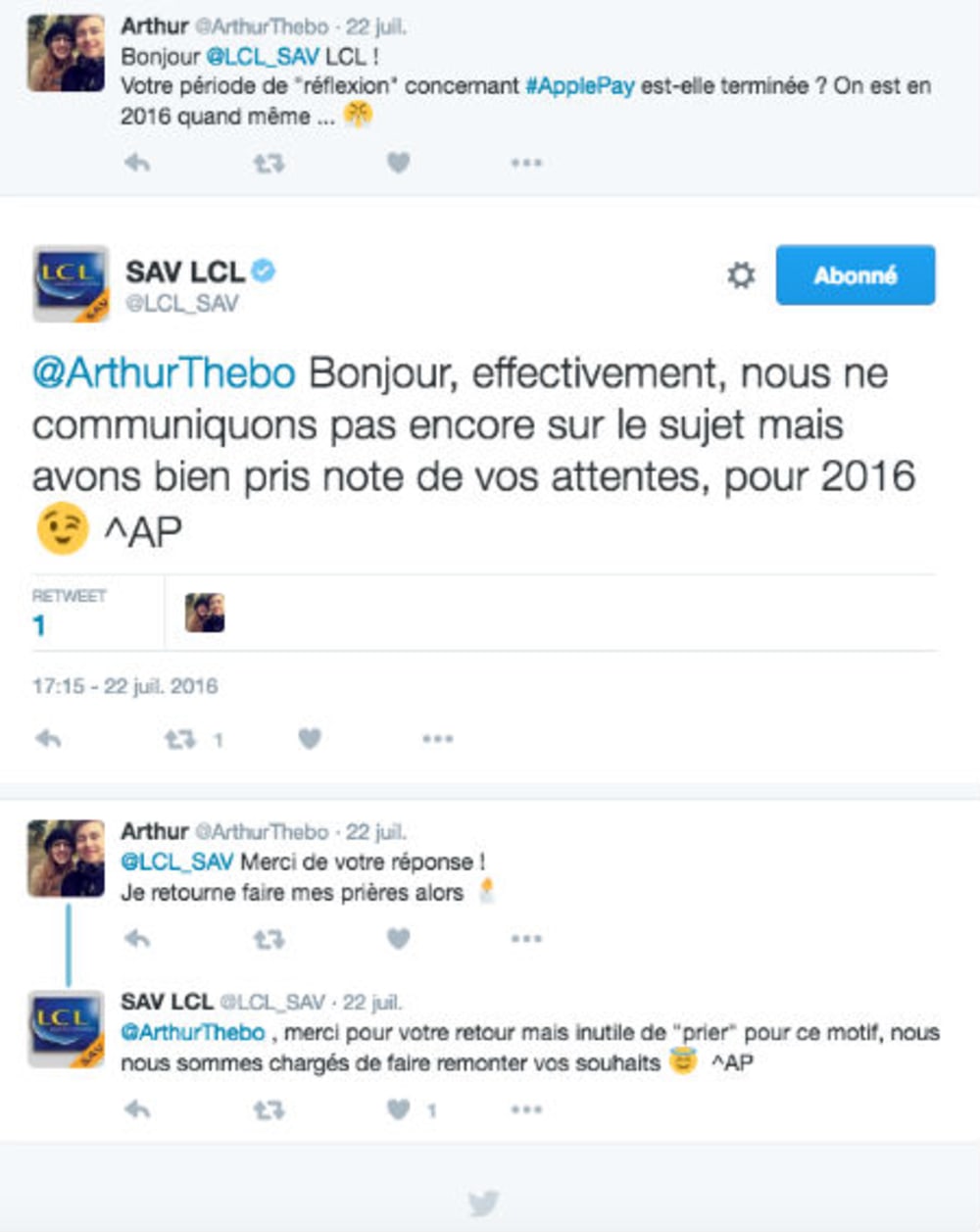 Copie d'&eacute;cran d'un tweet d'un client LCL concernant ApplePay
