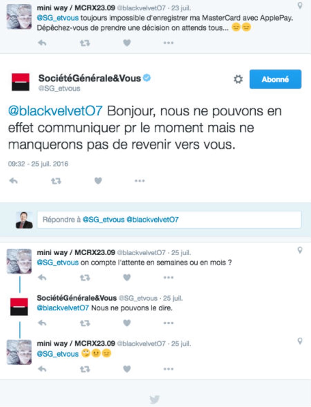 Copie d'&eacute;cran d'un tweet d'un client Soci&eacute;t&eacute; G&eacute;n&eacute;rale concernant ApplePay