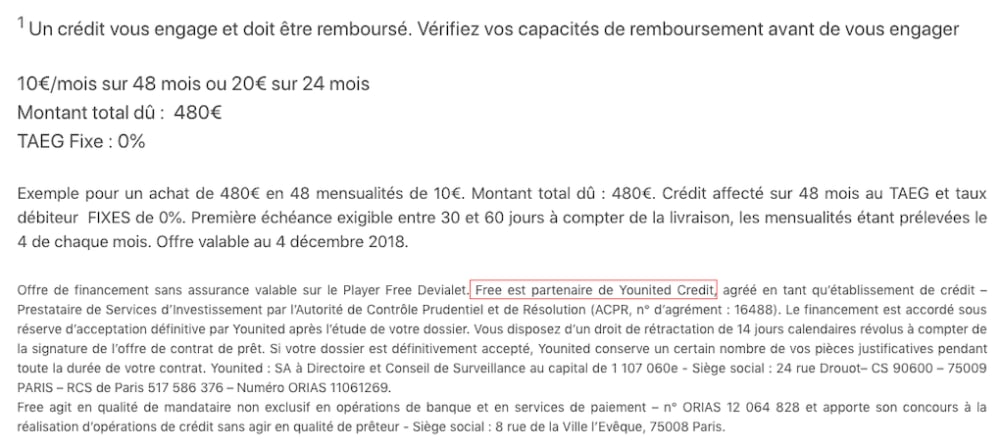 Conditions de l'offre de financement du Player Freebox Delta