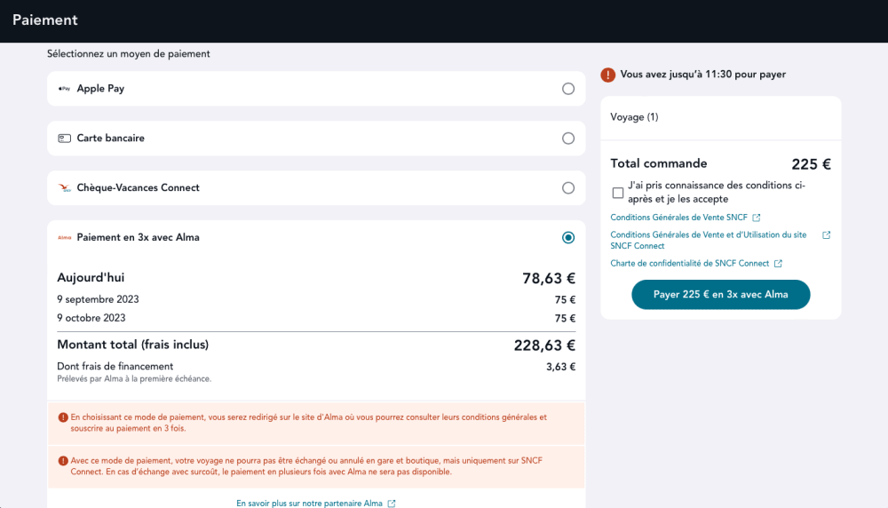 Paiement en 3 fois SNCF