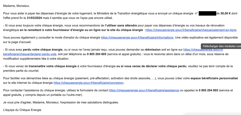 Campagne de rappel pour le ch&egrave;que &eacute;nergie