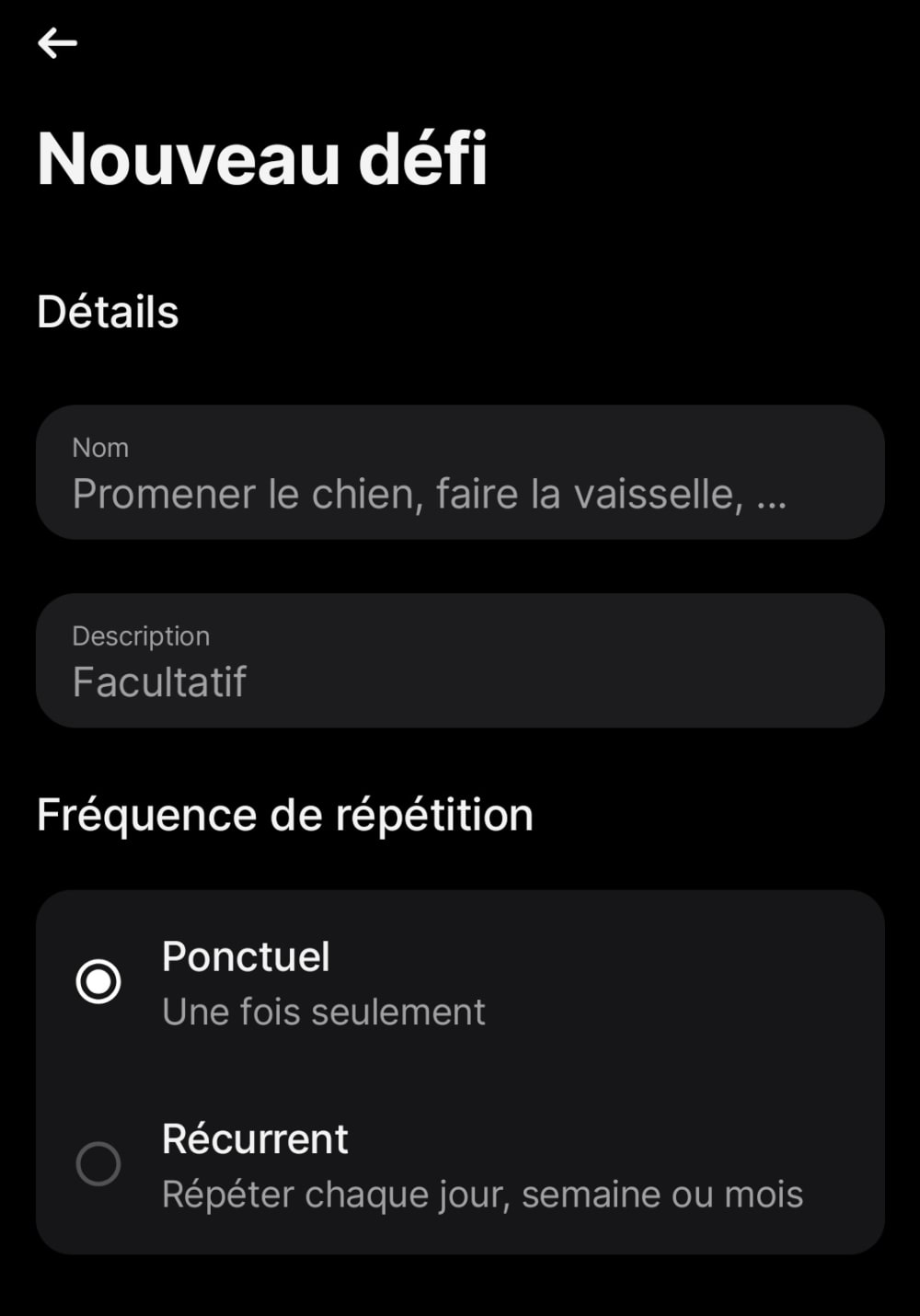 Interface mobile affichant options pour cr&eacute;er un nouveau d&eacute;fi. Revolut