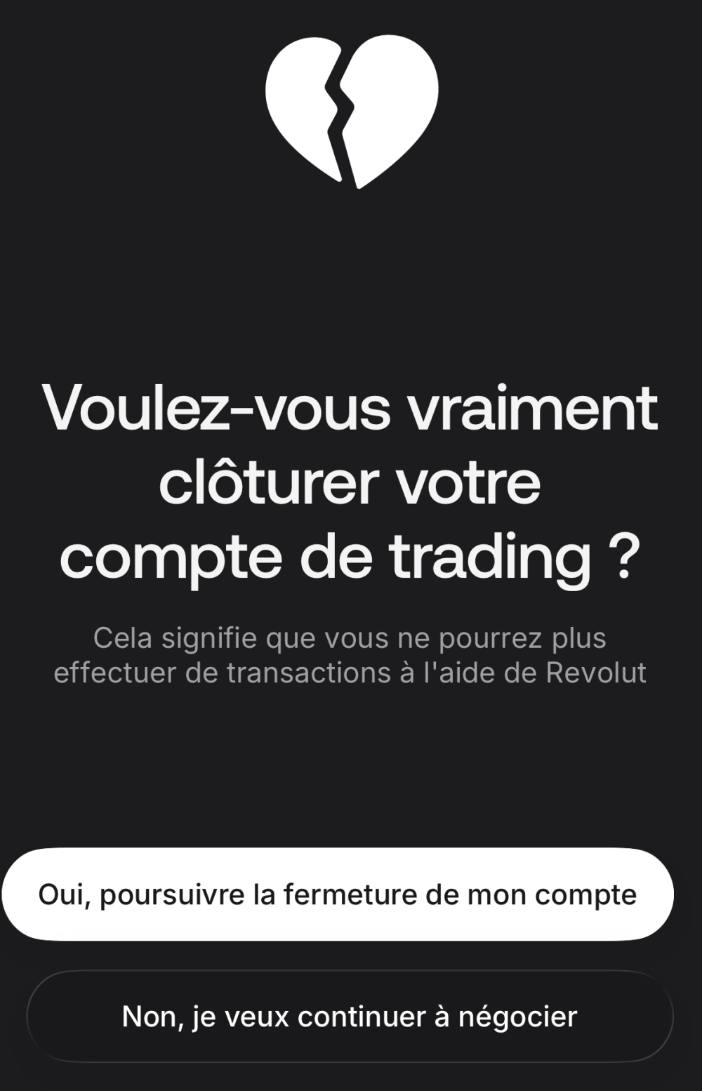 &Eacute;cran mobile demandant confirmation pour fermer un compte de trading.