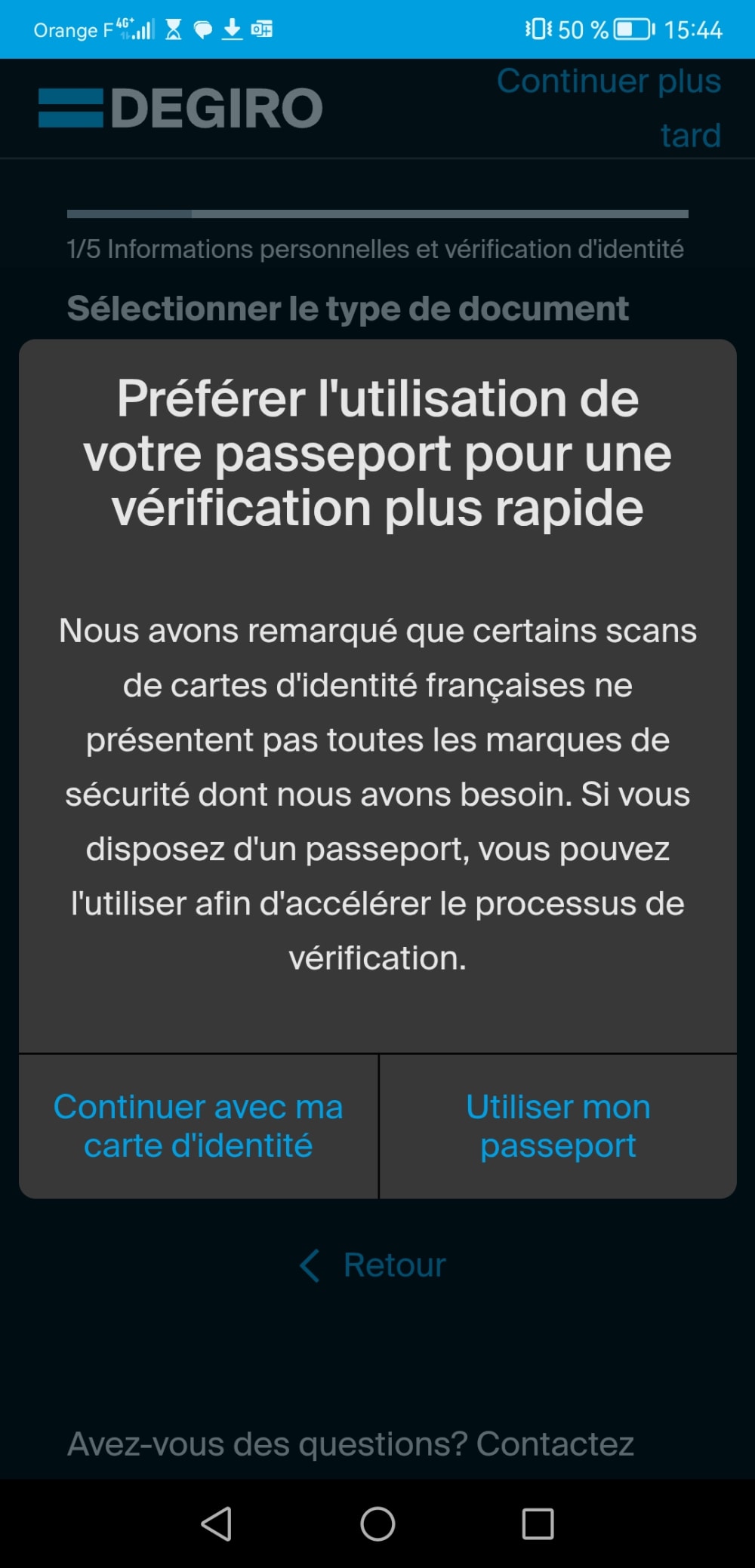 &Eacute;cran de v&eacute;rification d'identit&eacute; sur l'application mobile DEGIRO