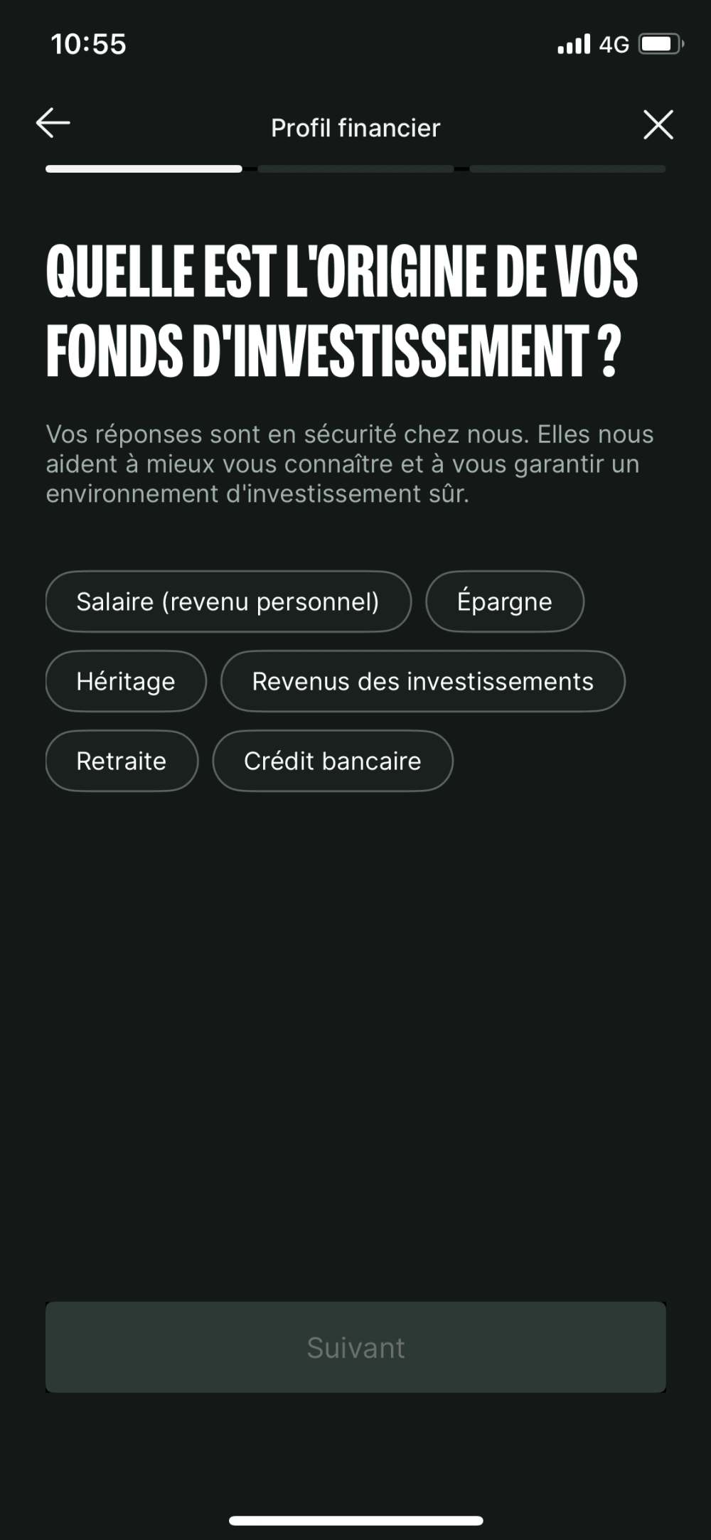 Application Bitpanda affichant des options de sources d'investissement.