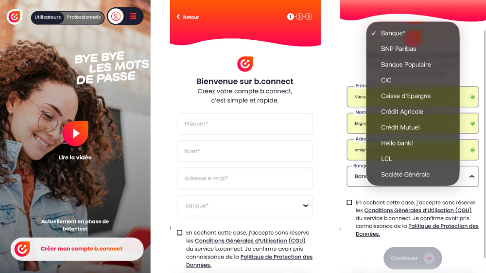 Cr&eacute;ation de compte b.connect, s&eacute;lection de banque, inscription rapide.