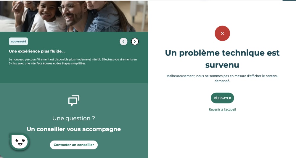 Message d?erreur technique, suggestion de contacter un conseiller pour aide.