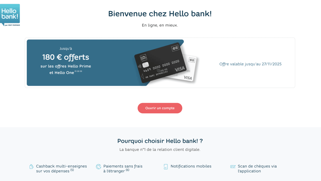 Hello bank : jusqu'à 180 euros à saisir pour toute ouverture de compte Hello Prime ou Hello One