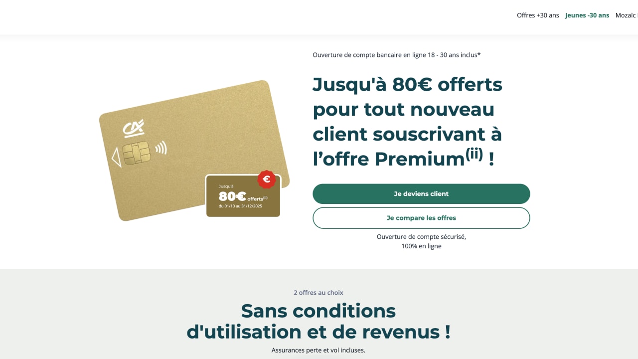 Crédit Agricole : jusqu'à 80 euros offerts pour toute souscription à l'offre Premium