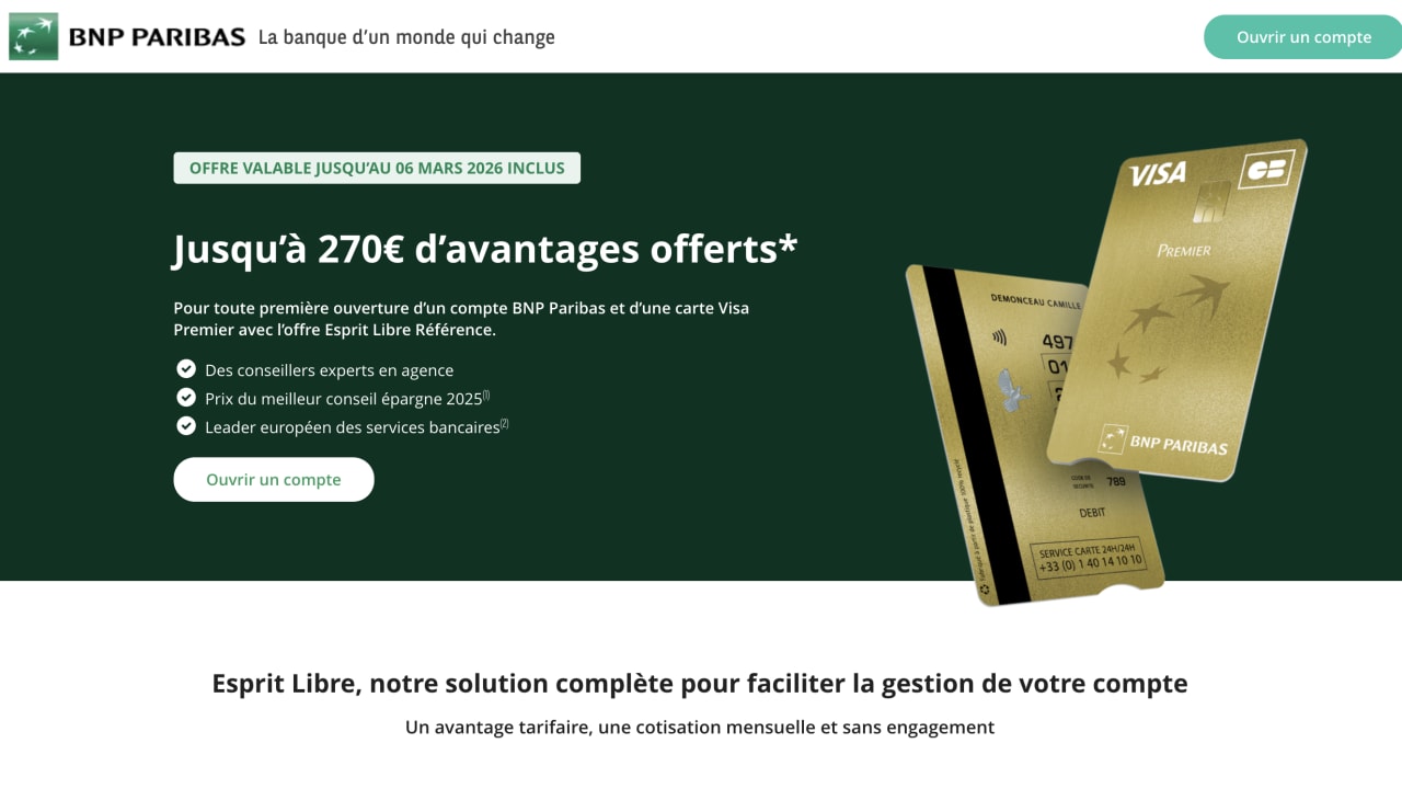 BNP Paribas : Jusqu'à 270 euros d'avantages offerts pour l'ouverture d'un compte en ligne