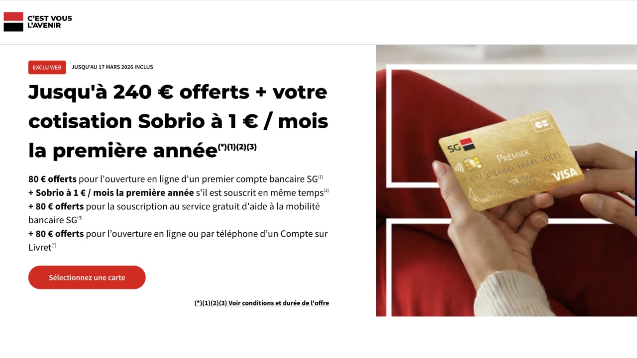 SG (Société Générale) : jusqu'à 240 euros offerts pour l'ouverture d'un premier compte en ligne