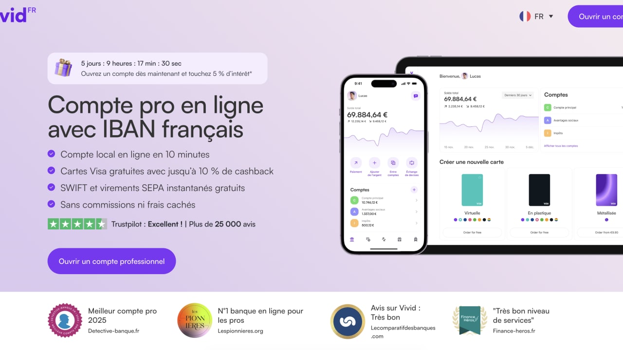 Compte pro en ligne : Vivid rémunère votre trésorerie en dollars et en livres sterling jusqu'à 5 %