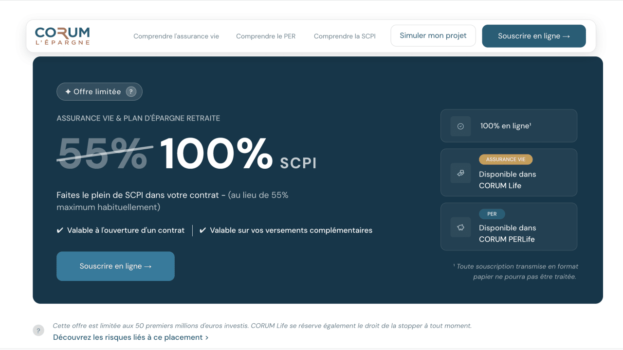 CORUM Life : jusqu'à 100% en SCPI dans votre assurance vie pendant une durée limitée