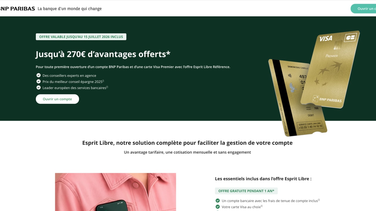 BNP Paribas : jusqu'à 270 euros d'avantages offerts pour l'ouverture d'un premier compte
