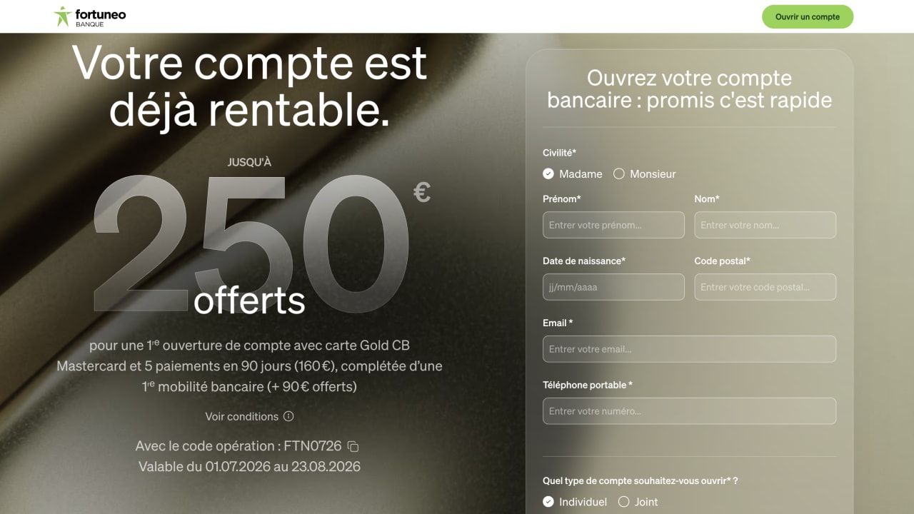 Fortuneo : jusqu'à 250 euros offerts pour ouvrir un compte chez la banque en ligne