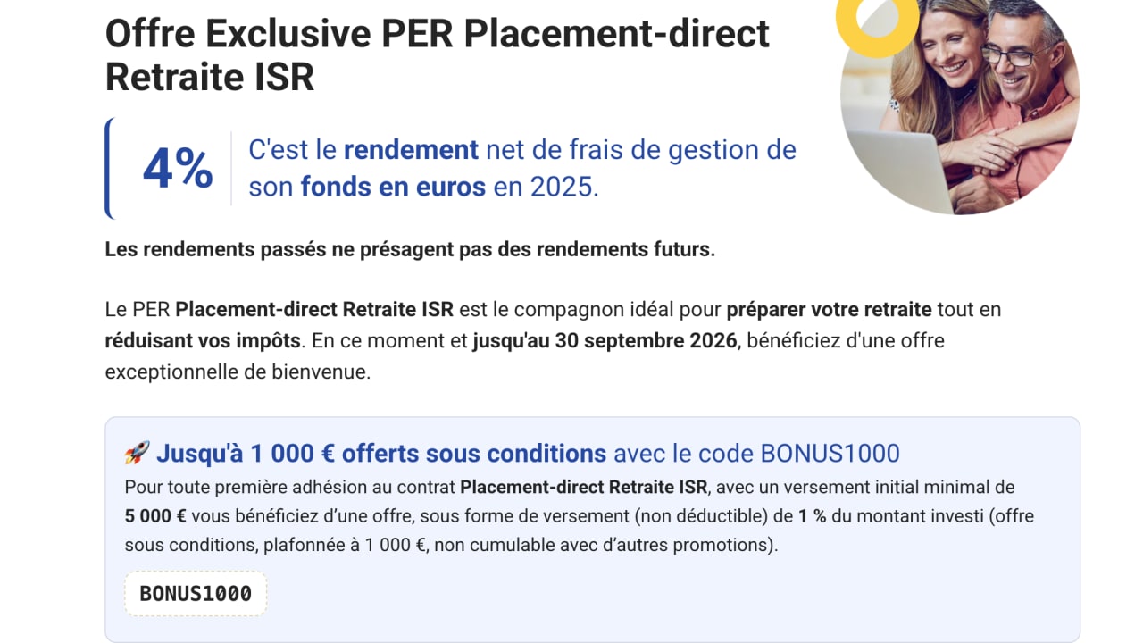PER Placement-direct retraite ISR : jusqu'à 1 000 euros offerts avec cette offre de rentrée