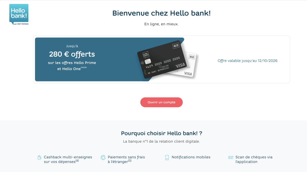 Hello bank ! : jusqu'à 280 euros offerts avec la prime de bienvenue et la mobilité bancaire