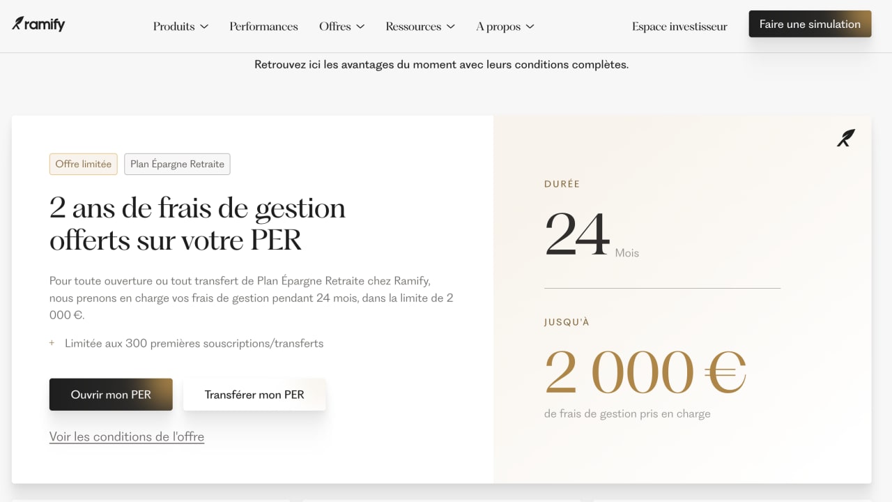 PER Ramify : jusqu'à 2 000 euros de frais de gestion offerts pendant deux ans