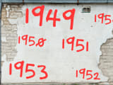 Dates rouges &eacute;crites sur un vieux mur ab&icirc;m&eacute; en brique. retraite
