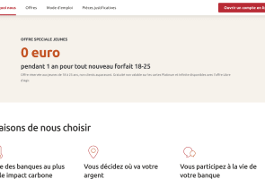 Capture du site Cr�dit Coop�ratif pr�sentant l'offre 0 euro pendant un an pour les jeunes
