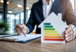 Homme en costume tenant une maquette d'�tiquette �nerg�tique.