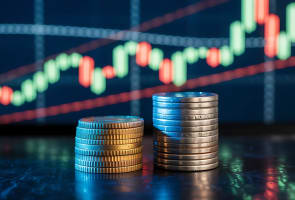 Des piles de pi�ces devant un graphique boursier lumineux.