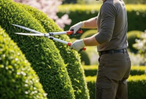Homme taillant une haie verte avec des cisailles au jardin.