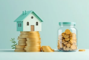 Maison sur pi�ces de monnaie, bocal rempli de pi�ces.