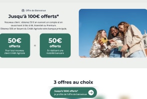 Capture du site du Cr�dit Agricole pr�sentant l'offre de bienvenue 100 euros offerts