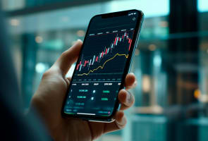 main tenant un smartphone repr�sentant la bourse