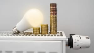 Une ampoule, des pièces de monnaie sur un radiateur.