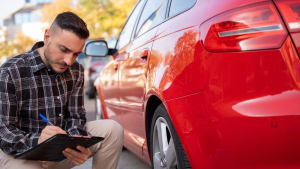 Un homme crit dans un carnet prs d'une voiture
