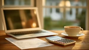 Ordinateur portable, tasse de caf et calculatrice sur table en bois.