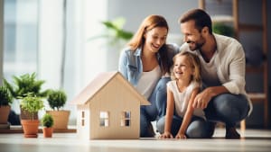 Famille souriante regarde une maison modèle à l'intérieur.