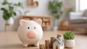 Tirelire, pièces, maisonnette et plante sur une table.